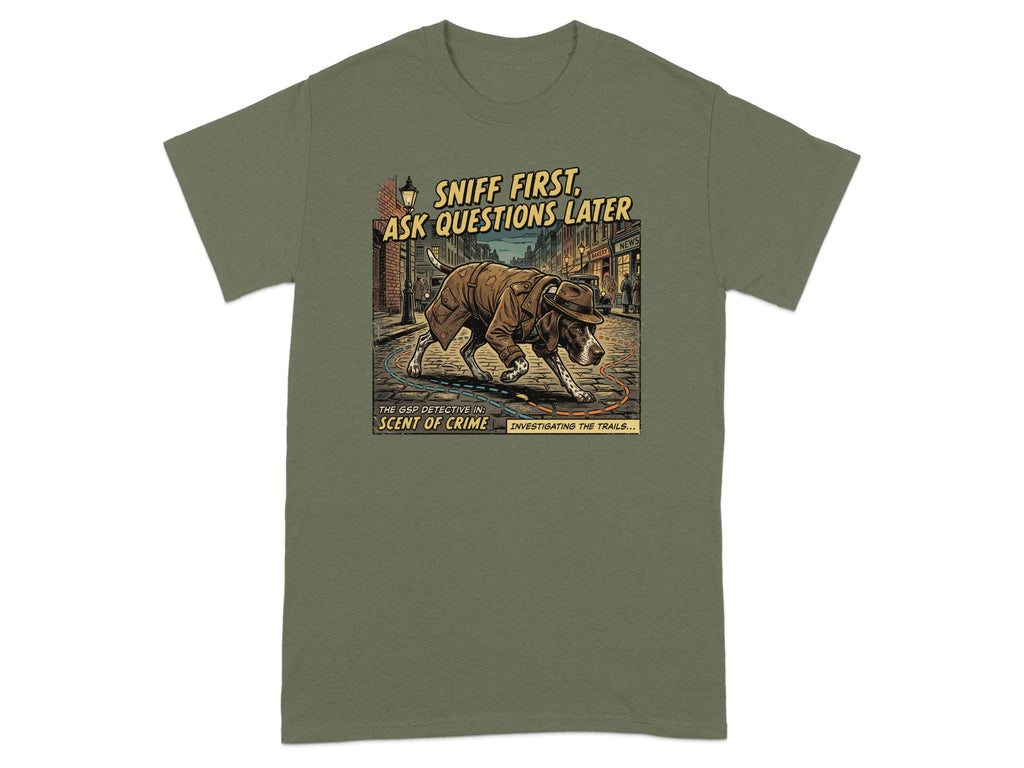 T-shirt graphic of a German Shorthaired Pointer detective investigating trails.
