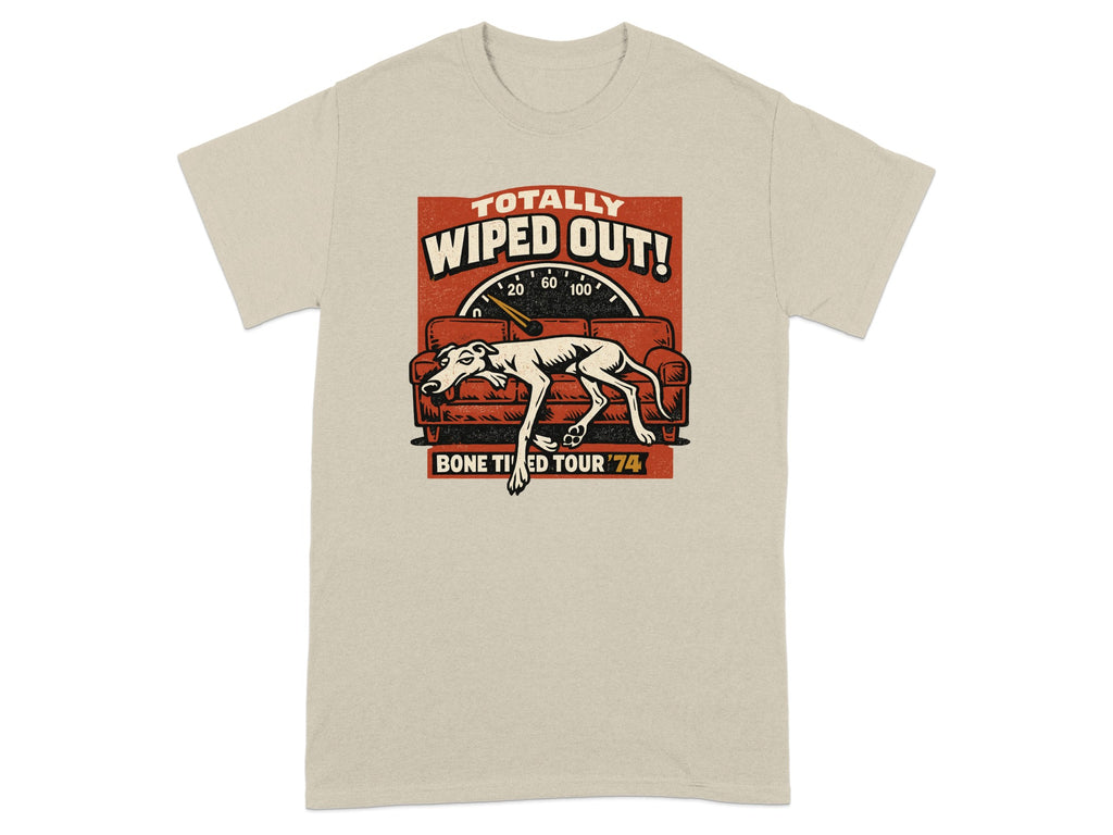 T-shirt graphic of a dog on a couch, text "Totally Wiped Out! Bone Tired Tour '74".