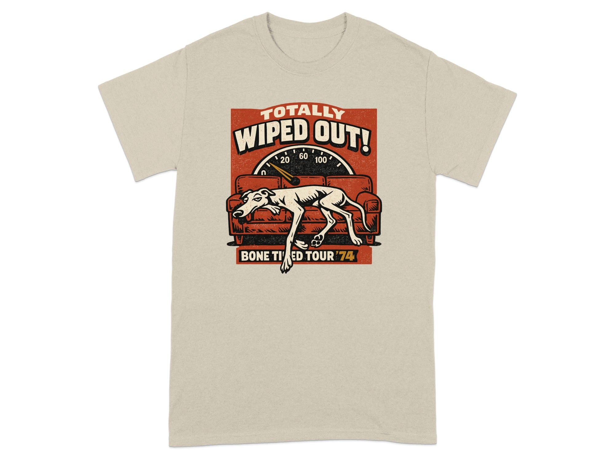 T-shirt graphic of a dog on a couch, text "Totally Wiped Out! Bone Tired Tour '74".