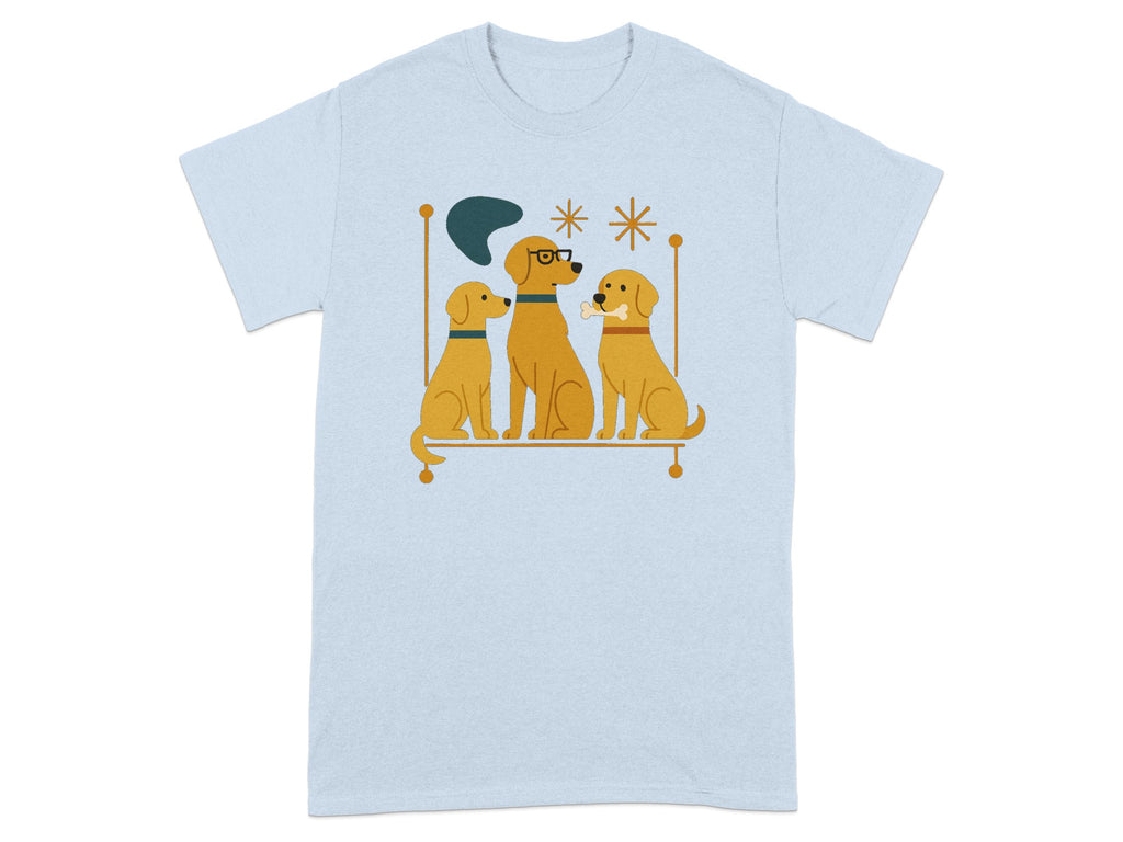 Three cartoon dogs, one wearing glasses, sit on a perch with a bone.