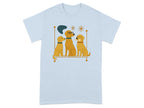 Three cartoon dogs, one wearing glasses, sit on a perch with a bone.