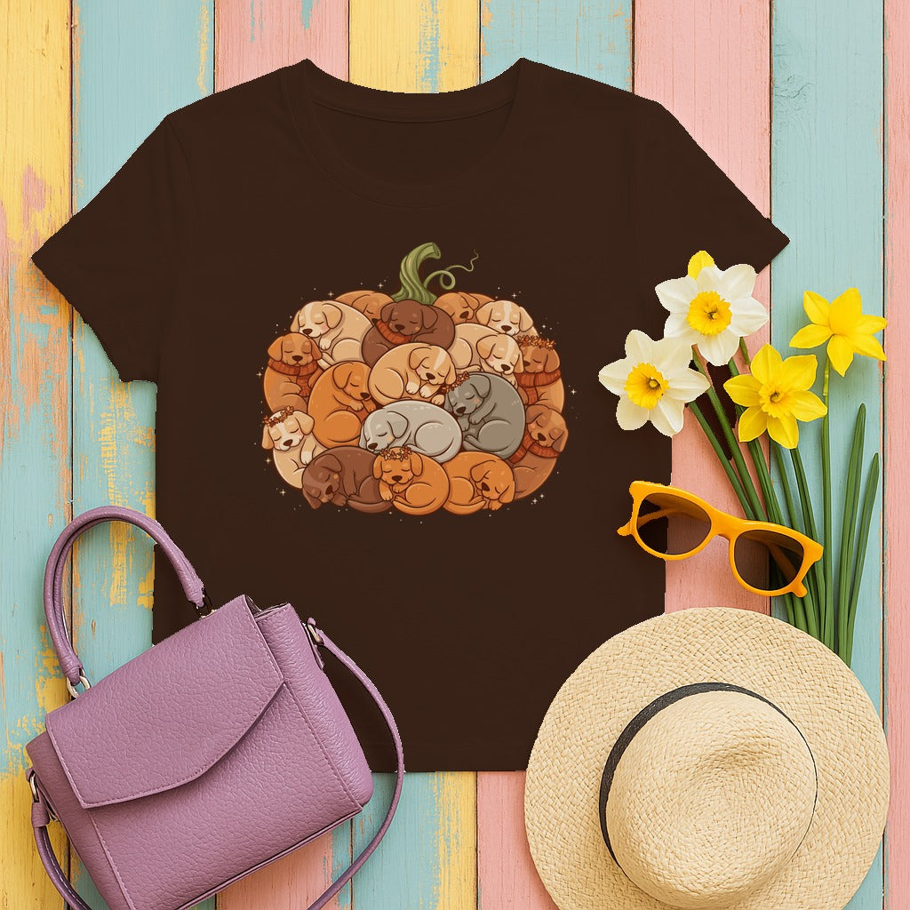 Pumpkin Full of Cute Sleeping Puppies Autumn Vibes T-Shirt in Dark Chocolate