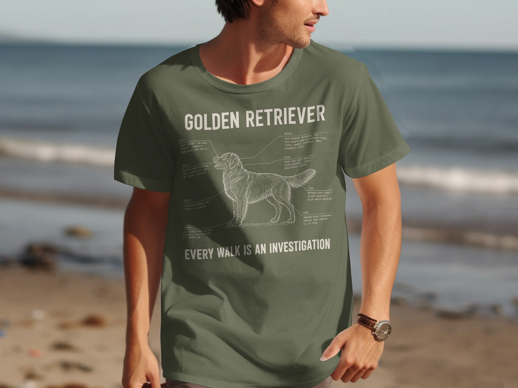 T-shirt with Golden Retriever anatomy diagram and "Every walk is an investigation" text.