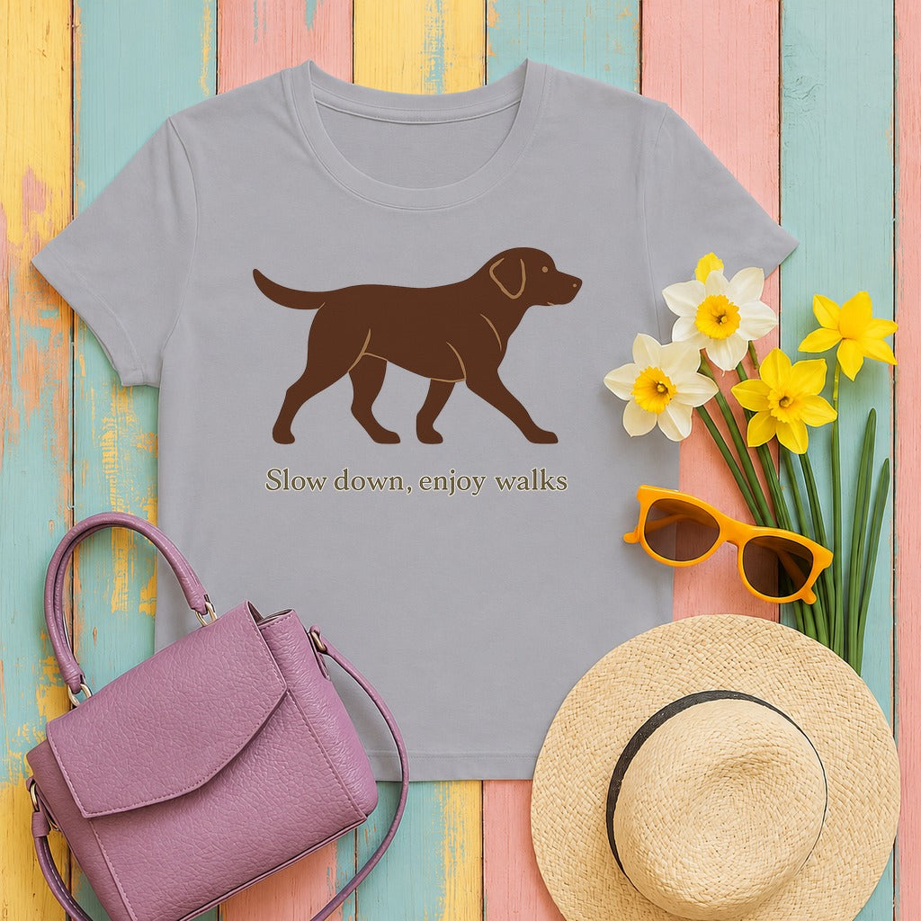 Chocolate Lab Slow Down Enjoy Walks T-shirt in Athletic Heather