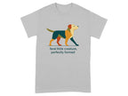 Gray t-shirt with a minimalist multi-colored dog illustration and text.