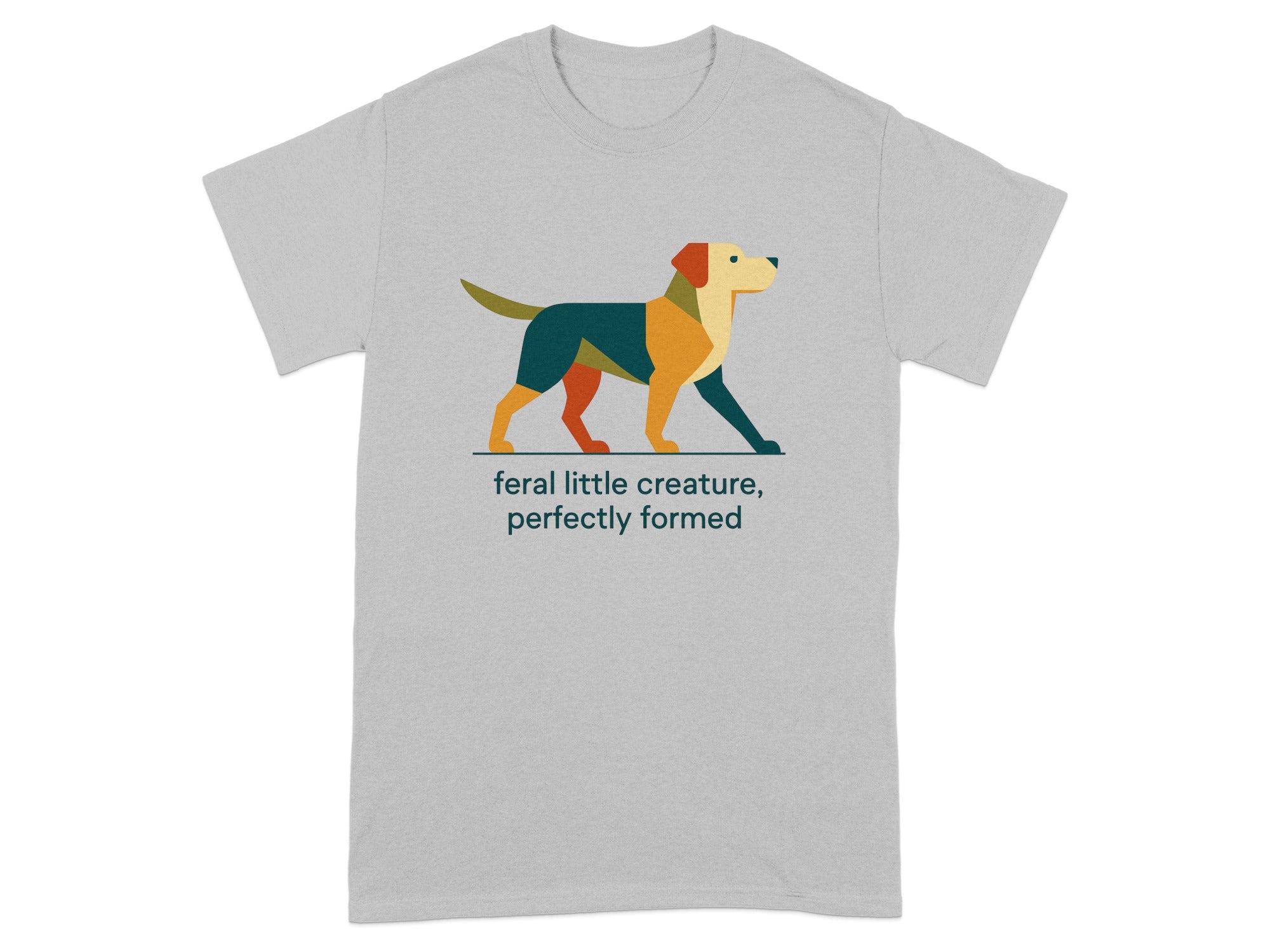 Gray t-shirt with a minimalist multi-colored dog illustration and text.