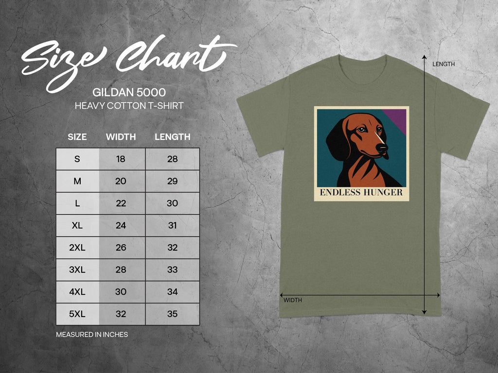 Size chart for Gildan 5000 heavy cotton t-shirt with dog graphic and text "Endless Hunger".