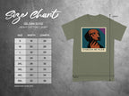 Size chart for Gildan 5000 heavy cotton t-shirt with dog graphic and text "Endless Hunger".