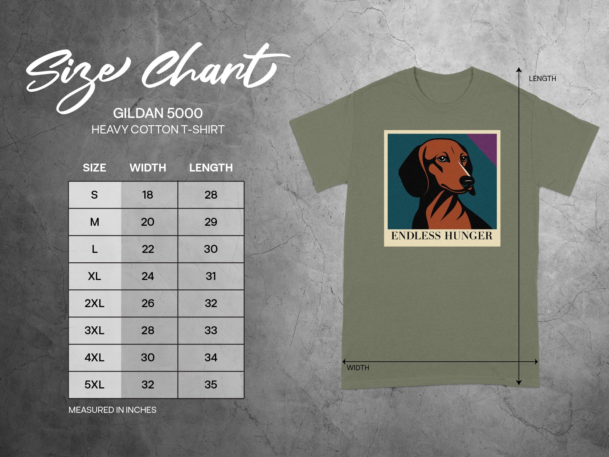 Size chart for Gildan 5000 heavy cotton t-shirt with dog graphic and text "Endless Hunger".