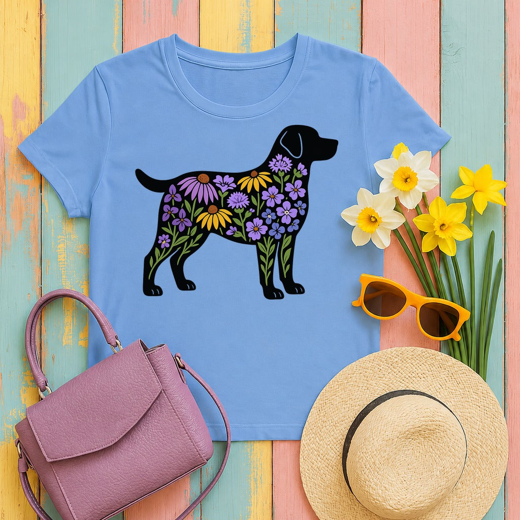 Labrador Silhouette Filled With Floral Patterns Trendy T-Shirt in Carolina Blue