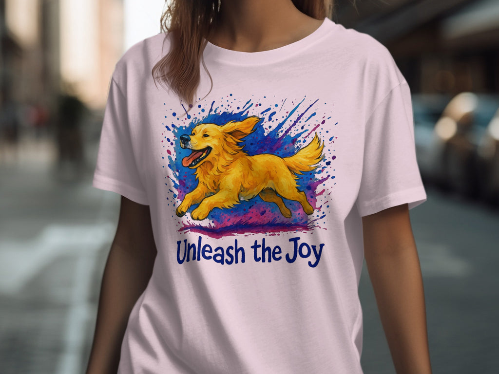 Golden retriever running with paint splatters and text "Unleash the Joy".