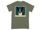 Boston Terrier portrait with "Endless Hunger" text on a khaki t-shirt.