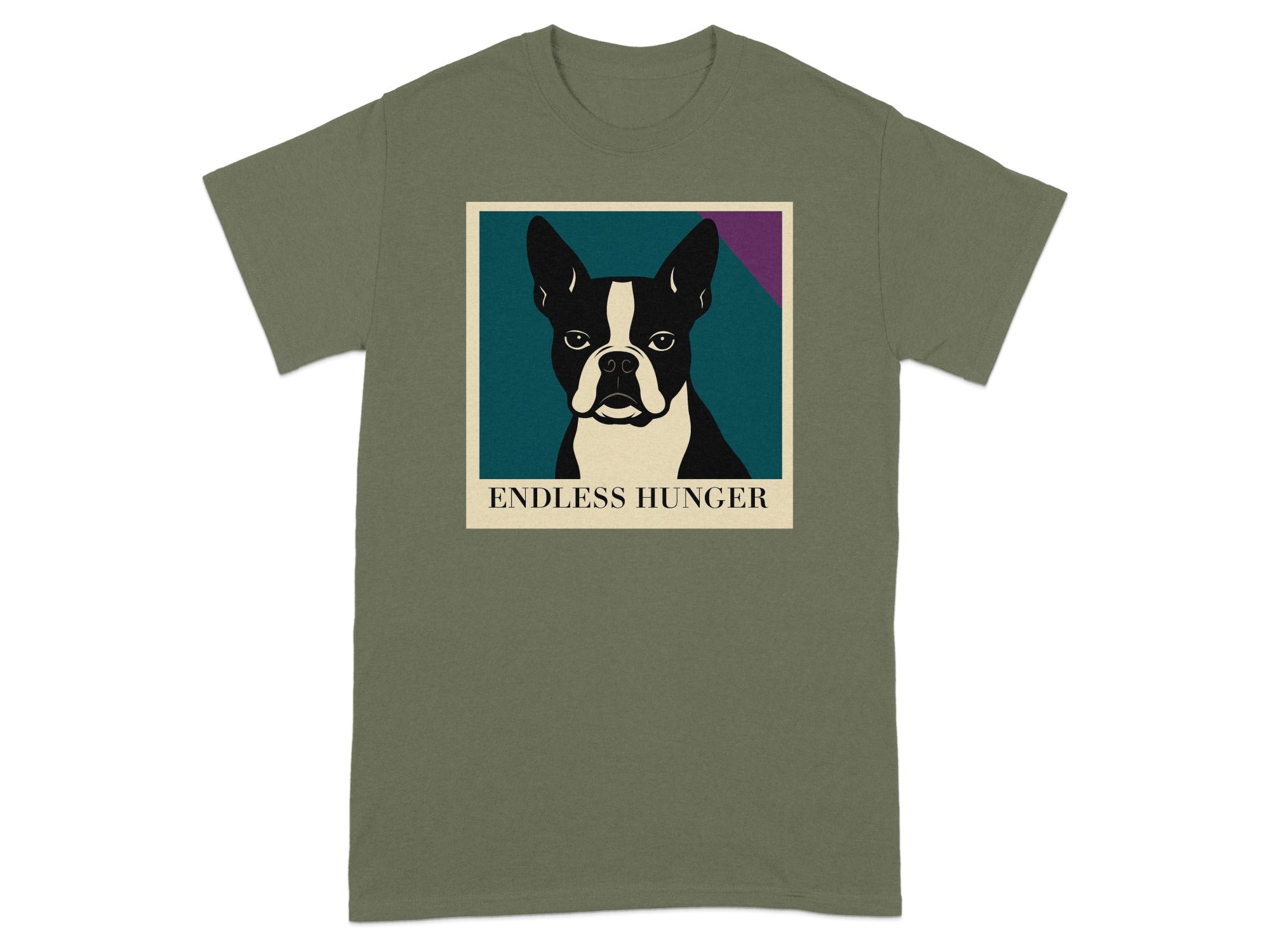 Boston Terrier portrait with "Endless Hunger" text on a khaki t-shirt.
