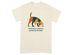 Beagle with colorful abstract design, text reads "feral little creature, perfectly formed".