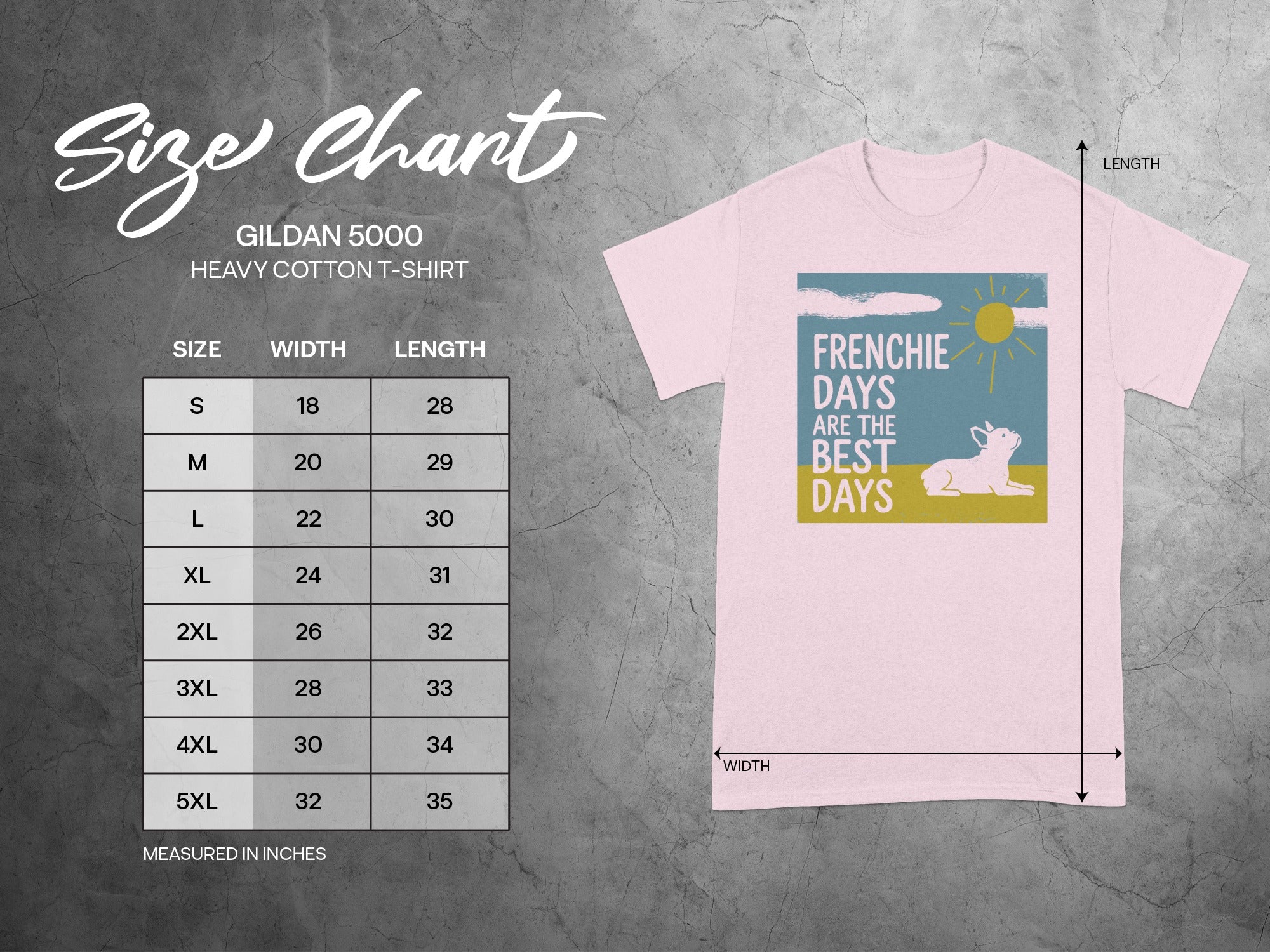 Gildan 5000 t-shirt size chart with Frenchie graphic.