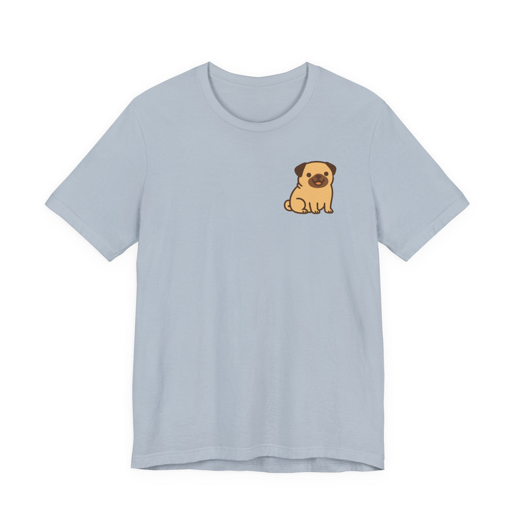 Powered By Pug & Coffee Back Print Tee in Light Blue, front pocket