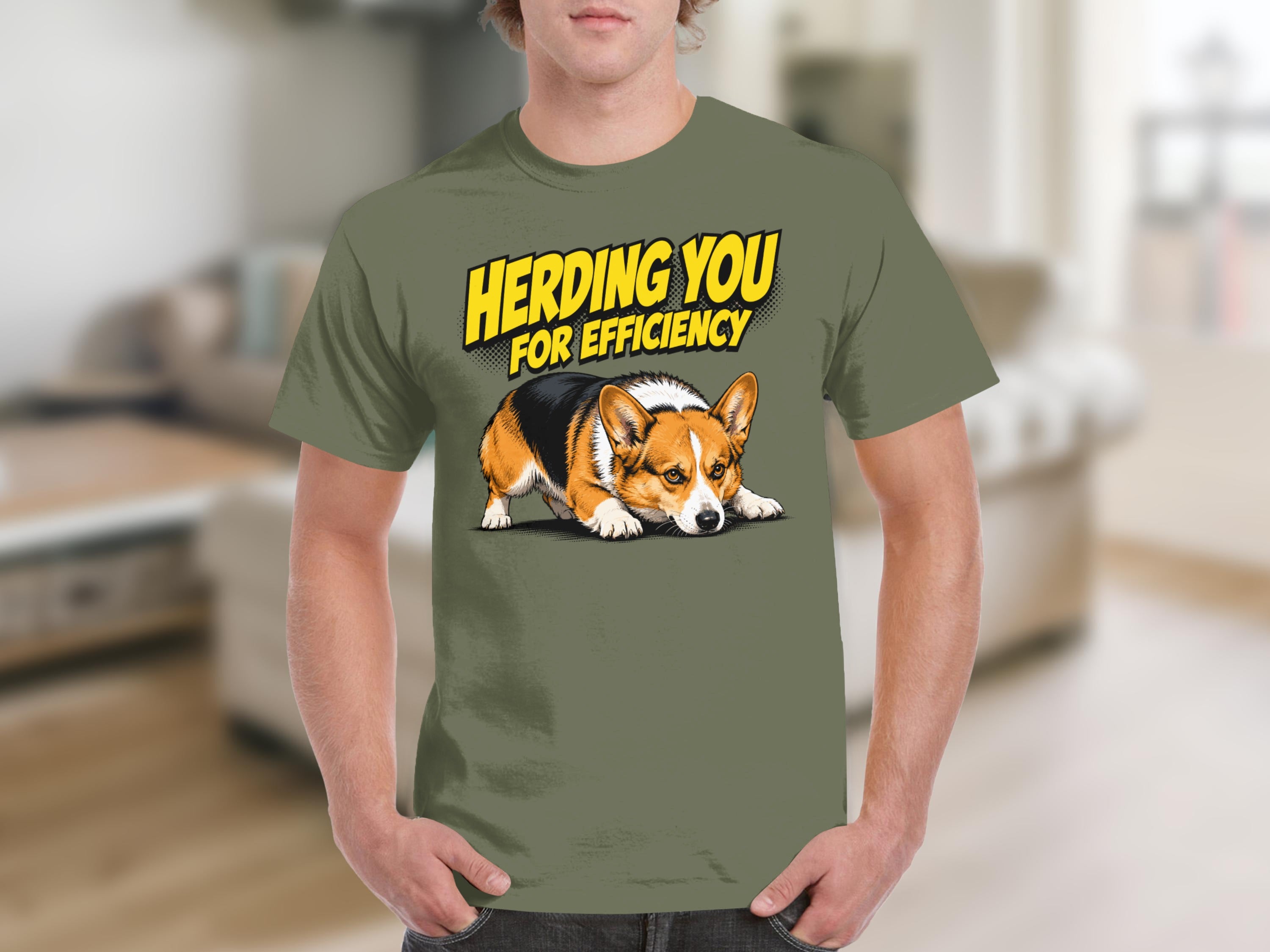 Corgi dog with text "HERDING YOU FOR EFFICIENCY" on a green t-shirt.