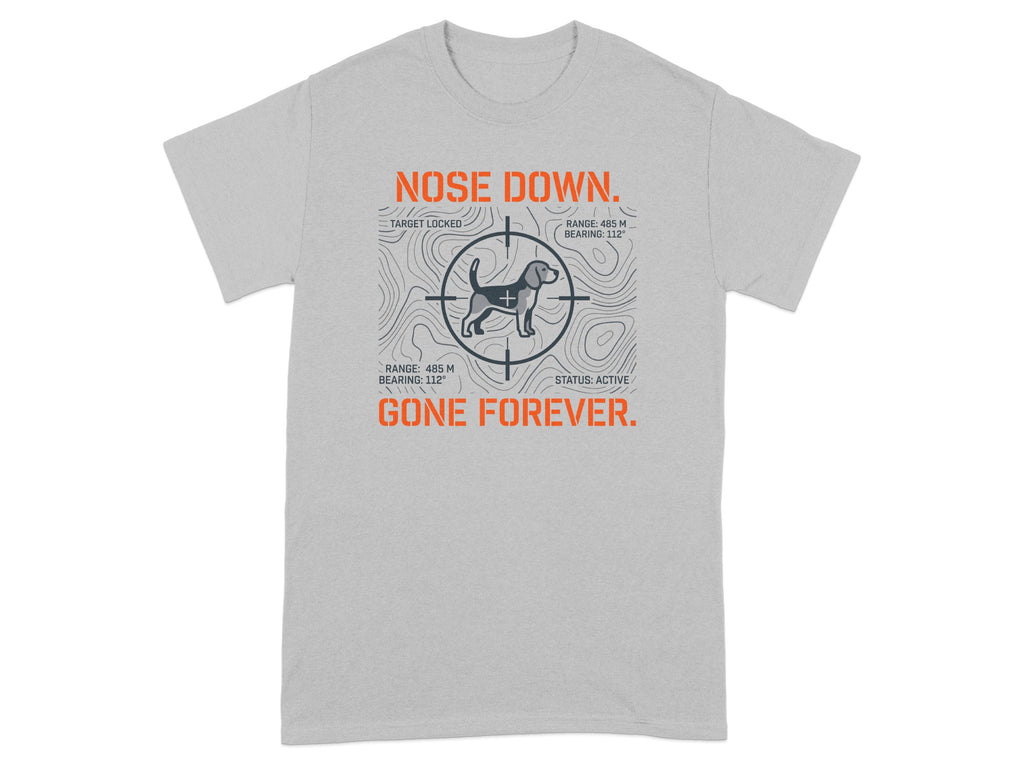 Gray t-shirt with "NOSE DOWN. GONE FOREVER." and target lock graphic.