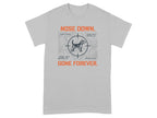 Gray t-shirt with "NOSE DOWN. GONE FOREVER." and target lock graphic.