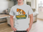 Dog wearing t-shirt with "PROCESSING... PLEASE WAIT" sign.
