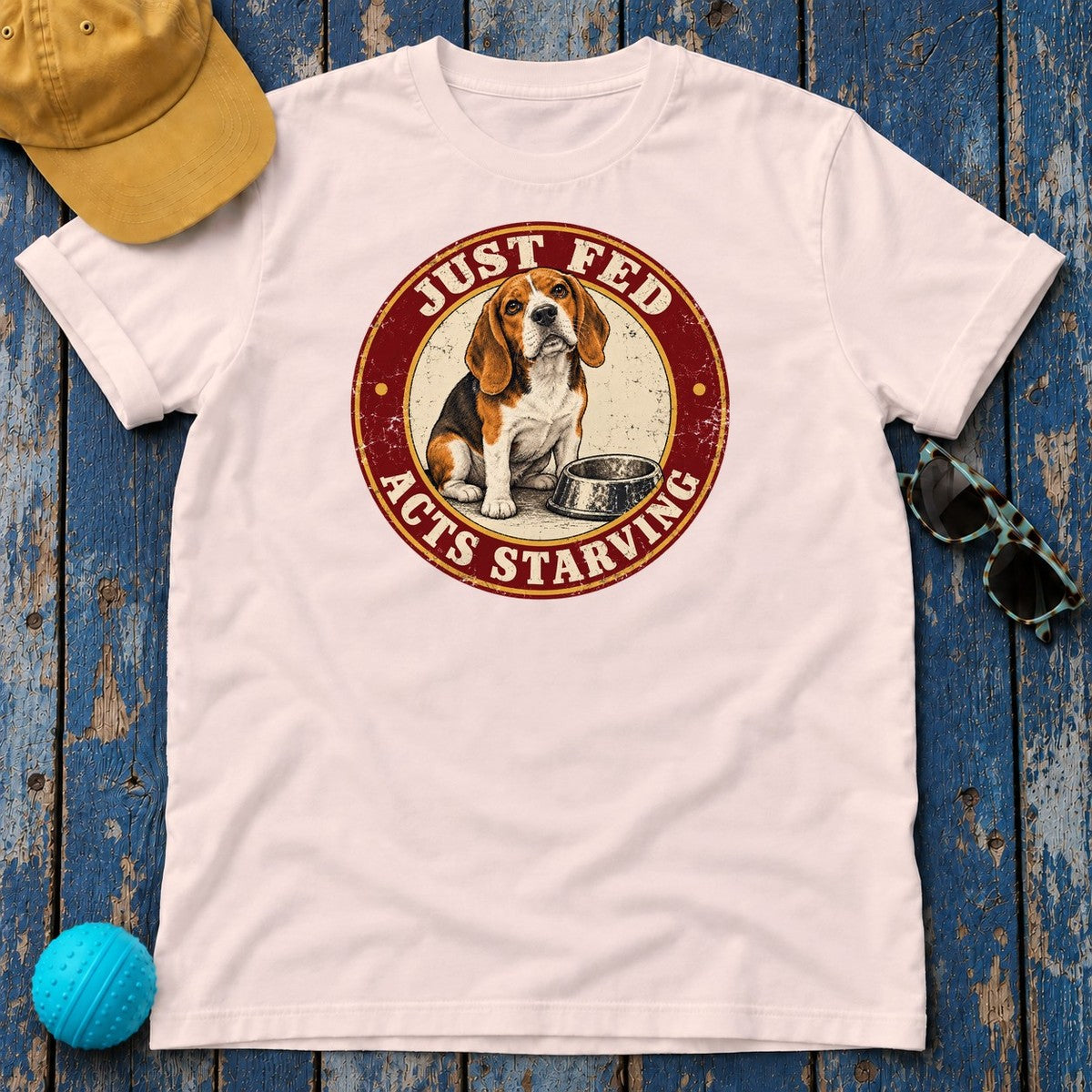 Just Fed Acts Starving Beagle T-Shirt in Soft Pink - flat lay
