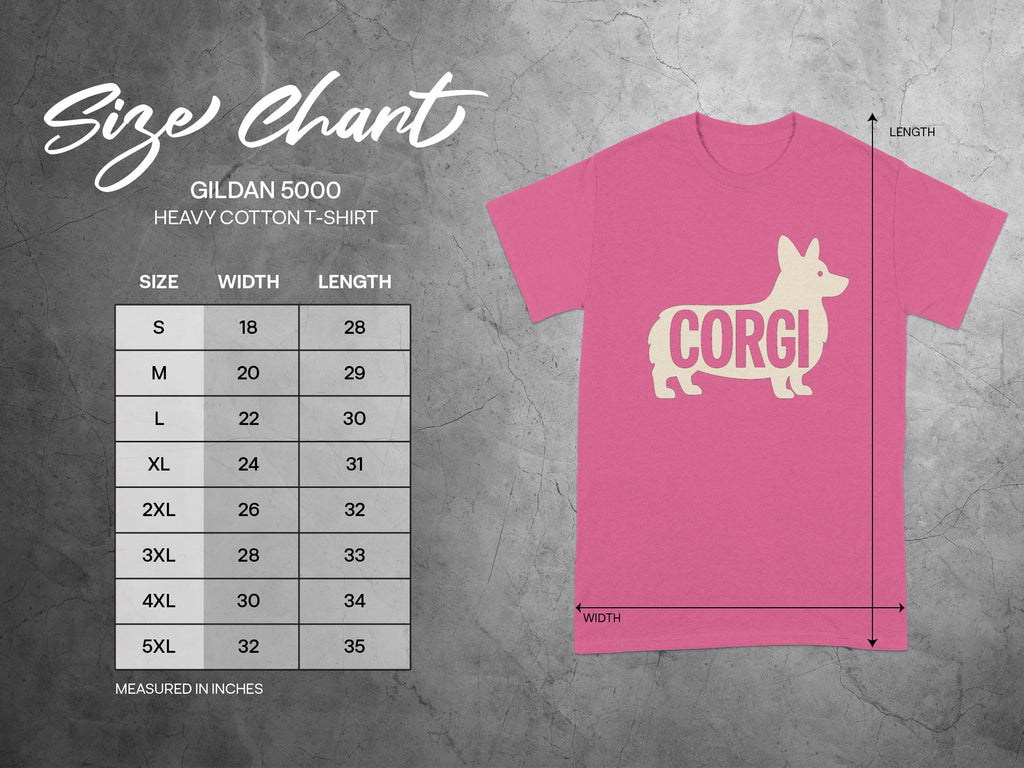 Gildan 5000 heavy cotton t-shirt size chart with measurements in inches.