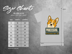Gildan 5000 size chart with corgi graphic, "Processing... Please Wait."