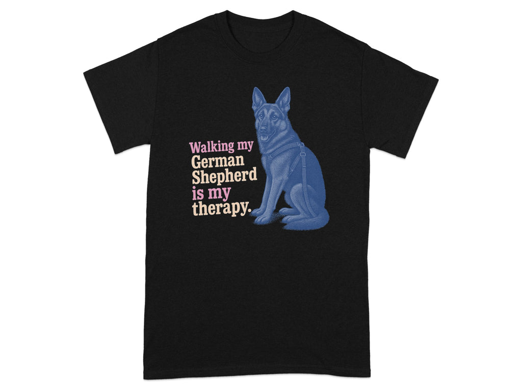 Black t-shirt with text "Walking my German Shepherd is my therapy" and a blue German Shepherd illustration.