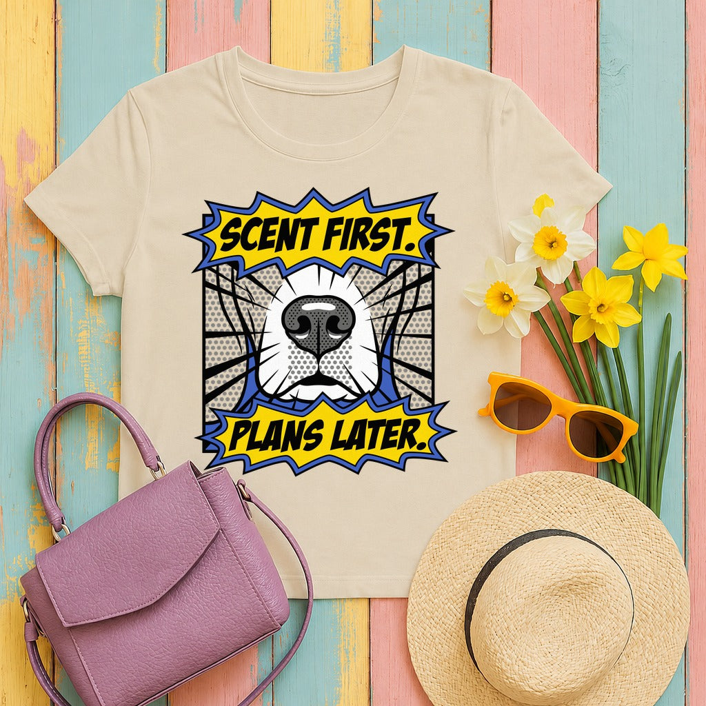 Scent First. Plans Later. Beagle T-Shirt in Sand