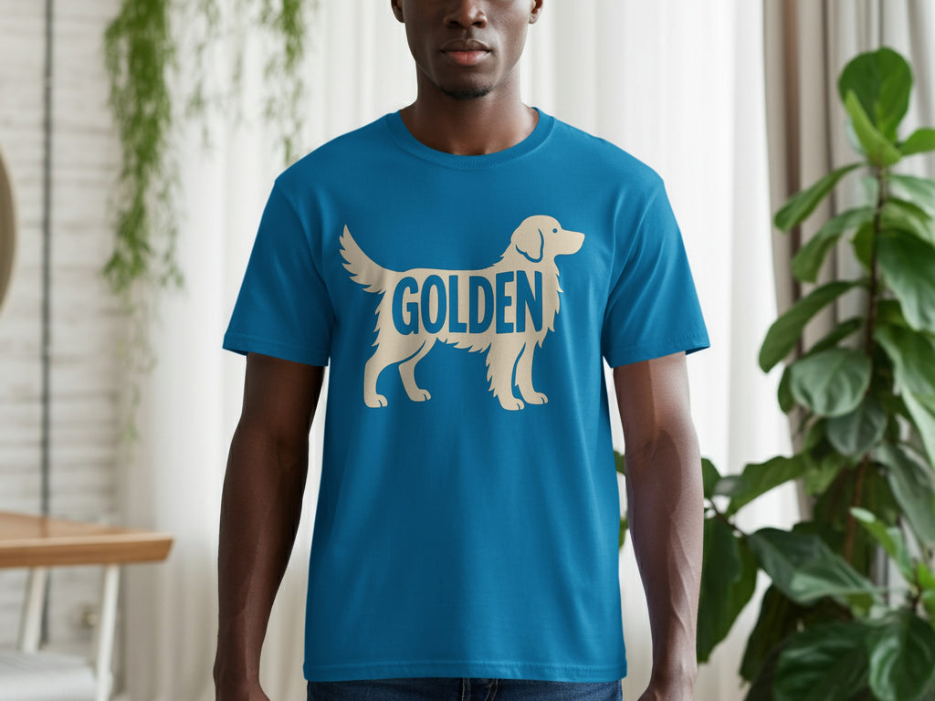 Blue t-shirt with a beige silhouette dog and the word GOLDEN.