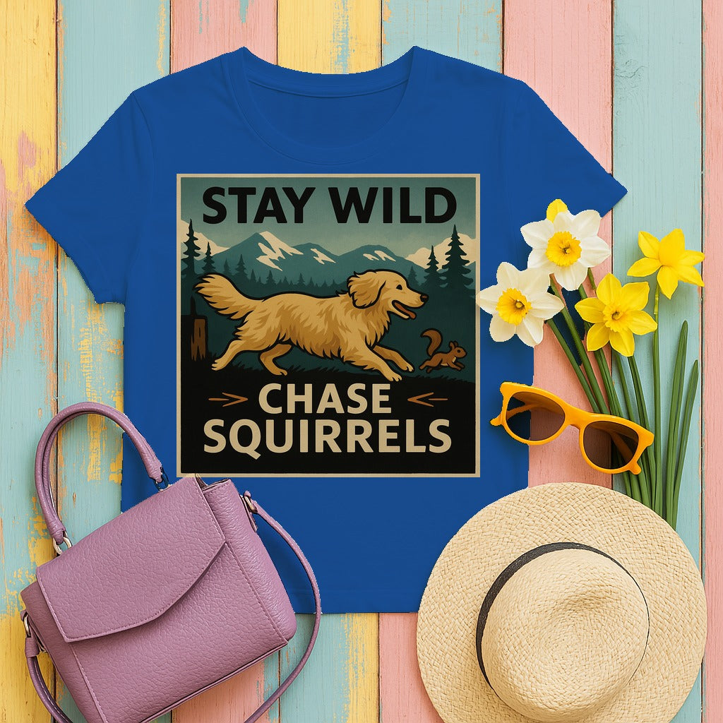 Stay Wild Chase Squirrels Golden Retriever T-Shirts in Royal