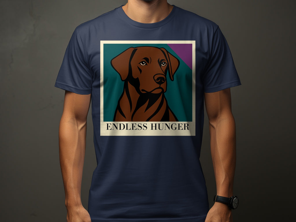 Brown dog portrait with text "ENDLESS HUNGER" on a navy t-shirt.