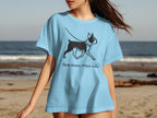 Light blue t-shirt with a black Boston Terrier graphic and "Slow down, enjoy walks" text.