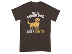 Brown t-shirt with Golden Retriever and text "NOT A GUARD DOG JUST A GREETER".