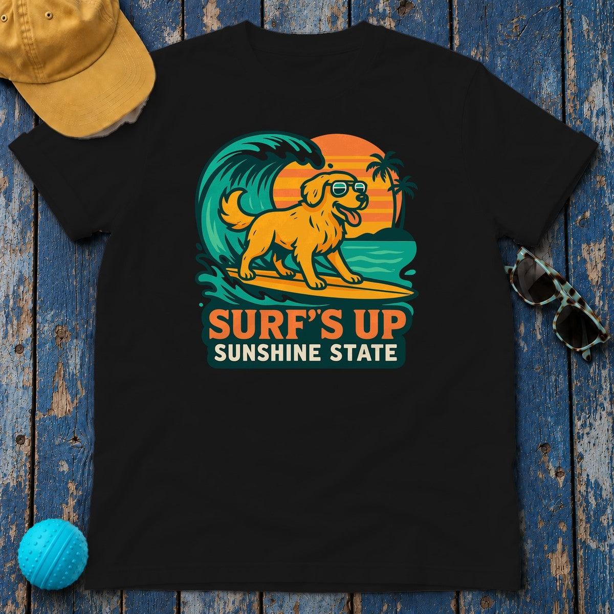 Surf's Up Sunshine State Golden Retriever Surfing T-Shirt in Black