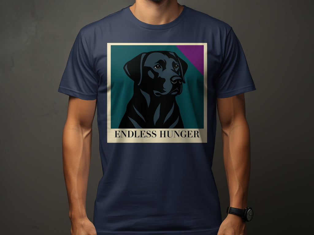 Navy t-shirt with graphic of black lab and text "ENDLESS HUNGER".