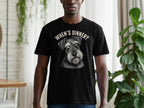Black t-shirt with a graphic of a schnauzer dog and text reading "WHEN'S DINNER?".