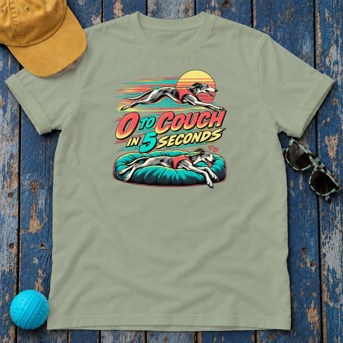 0 to Couch in 5 Seconds Greyhound T-Shirt in Sage - flat lay