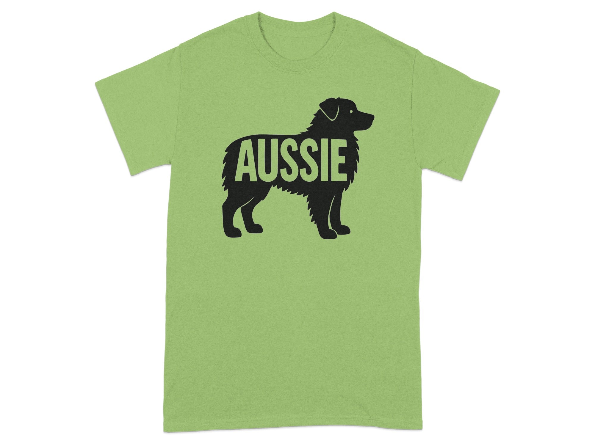 Light green t-shirt with black Aussie dog silhouette and text.