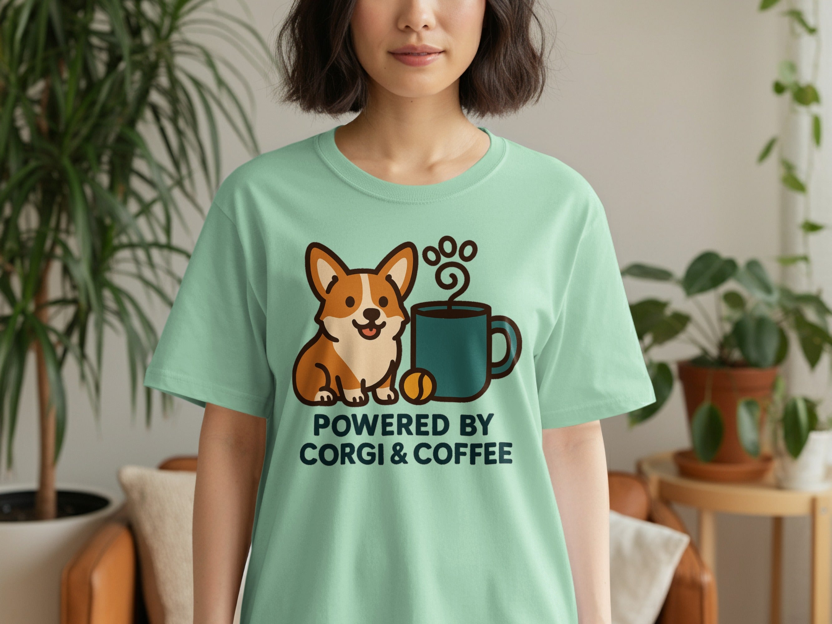 Light green t-shirt with a corgi and coffee cup graphic saying "Powered By CORGI & COFFEE".