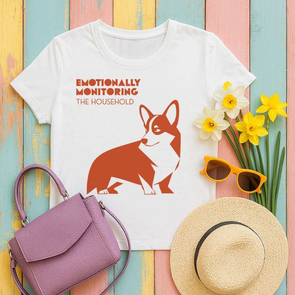 Emotionally Monitoring Corgi T-Shirt in White