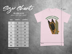 Gildan 5000 t-shirt size chart with German Shepherd graphic.