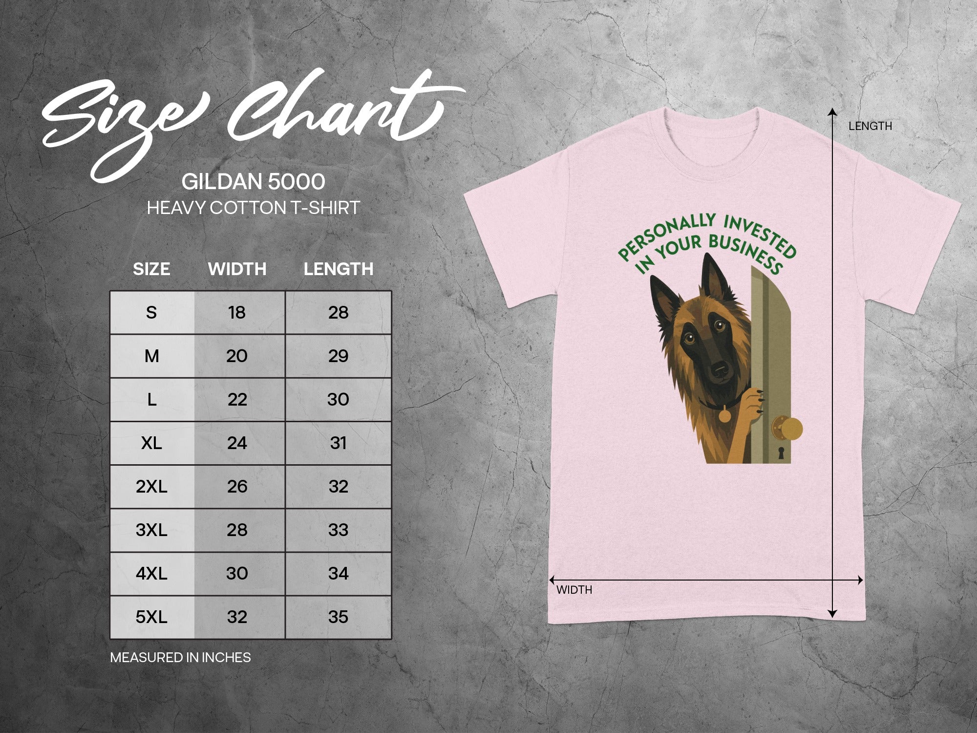 Gildan 5000 t-shirt size chart with German Shepherd graphic.