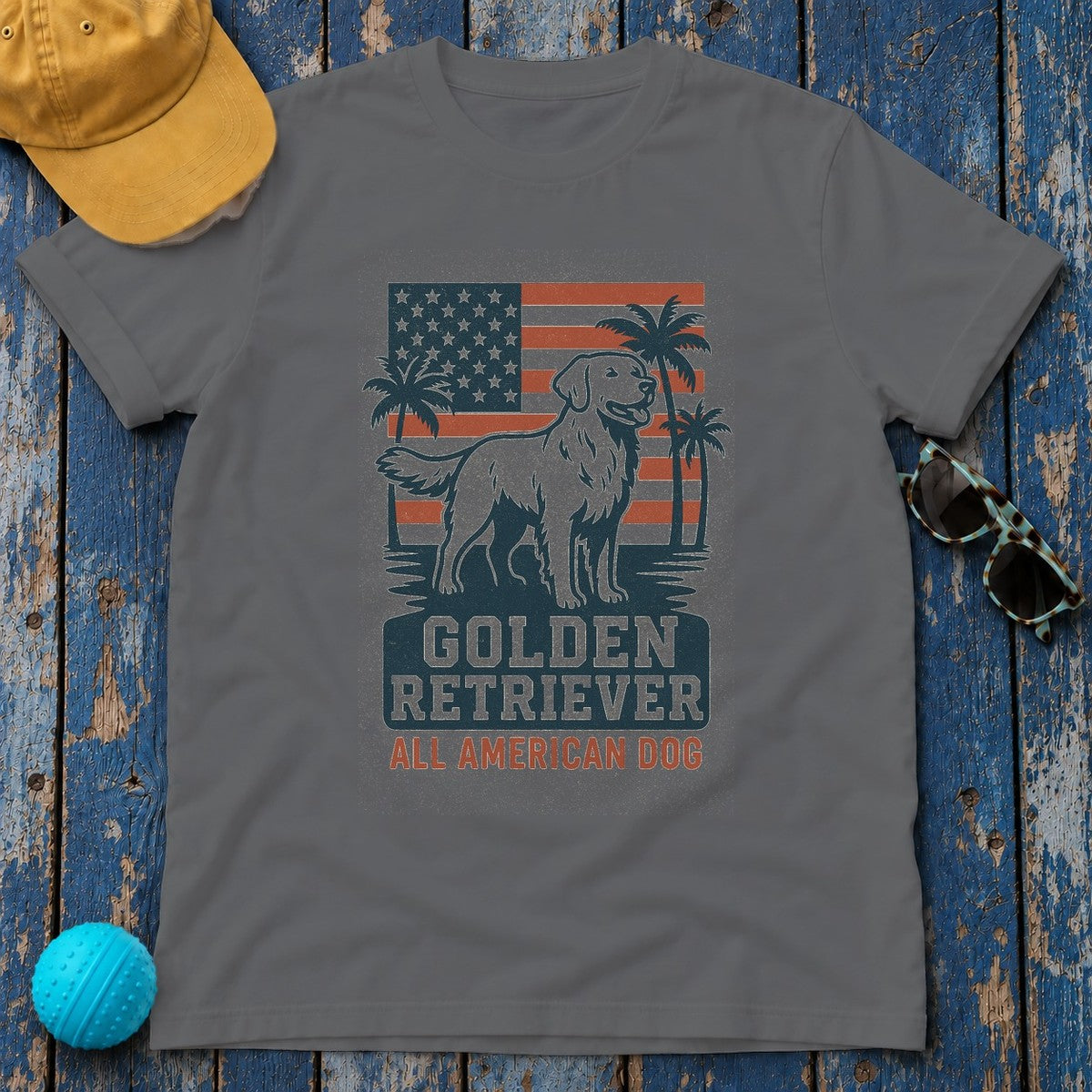 Golden Retriever All American Dog with Flag and Palms T-Shirt in Graphite Heather