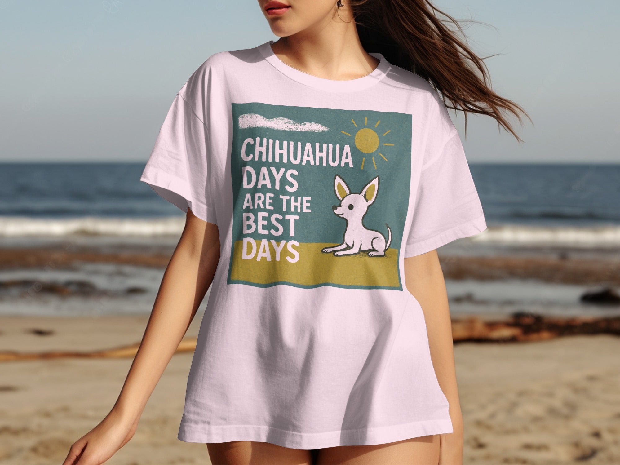 White t-shirt with graphic of dog and text "Chihuahua Days Are The Best Days."
