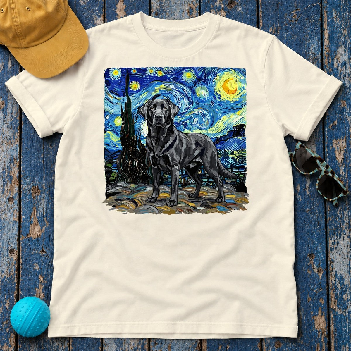 Black Labrador Dog in Starry Night Landscape T-Shirt in Natural