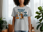Gray t-shirt with "Beagle Logic" flowchart featuring a dog: "Is that a smell?" -> yes / follow it, no / follow it anyway.