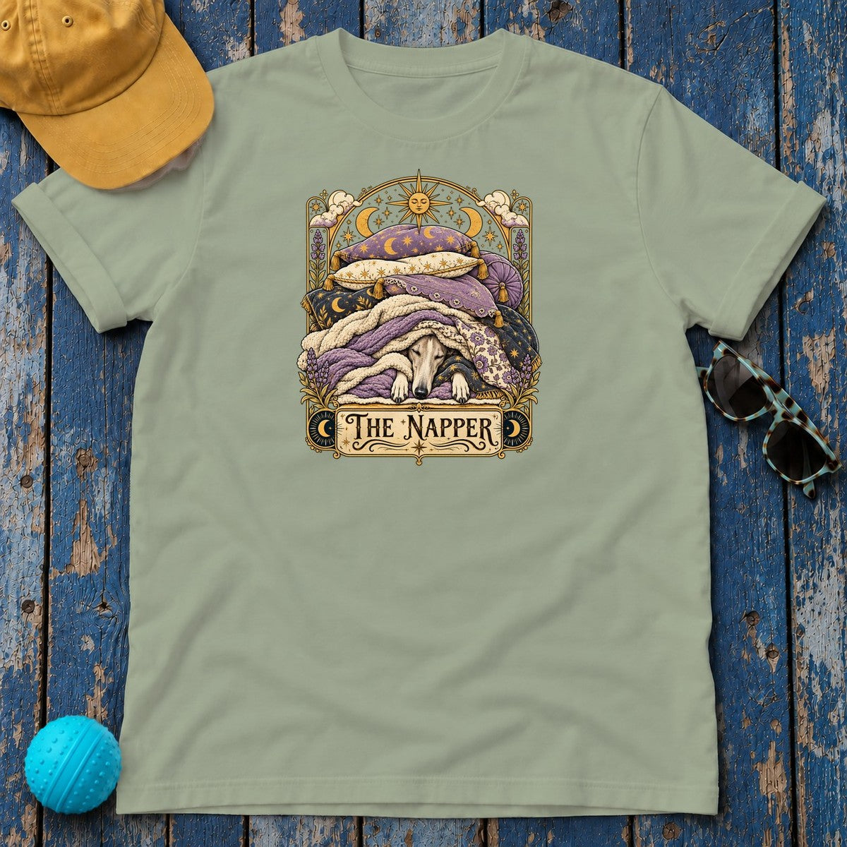 The Napper Greyhound T-Shirt in Sage - flat lay