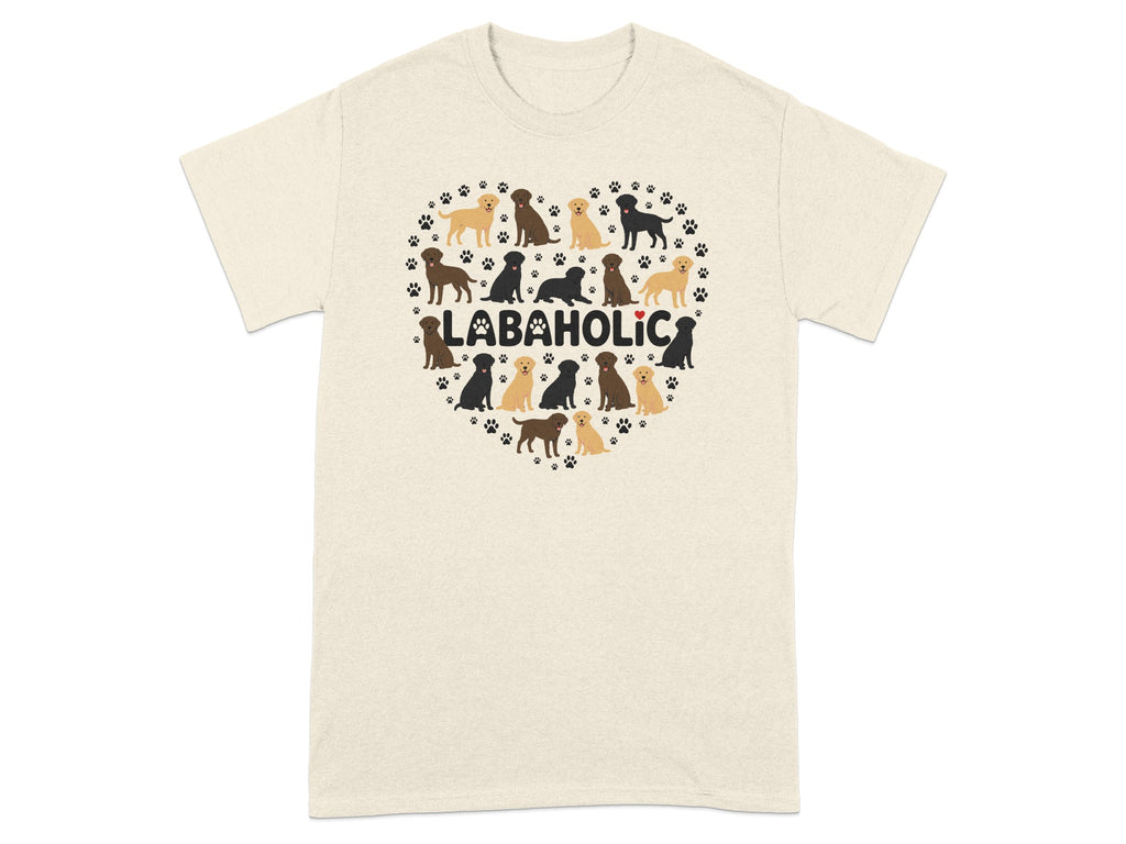 Heart shape made of puppies with "LABAHOLIC" text below.