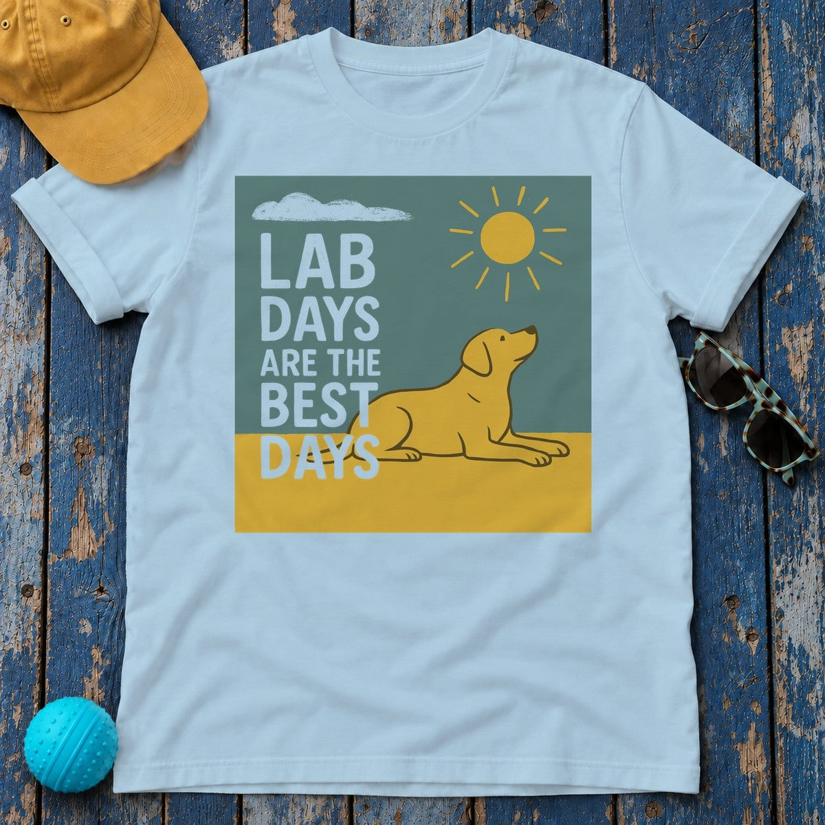Happy Yellow Lab Days Illustrated T-Shirt in Light Blue